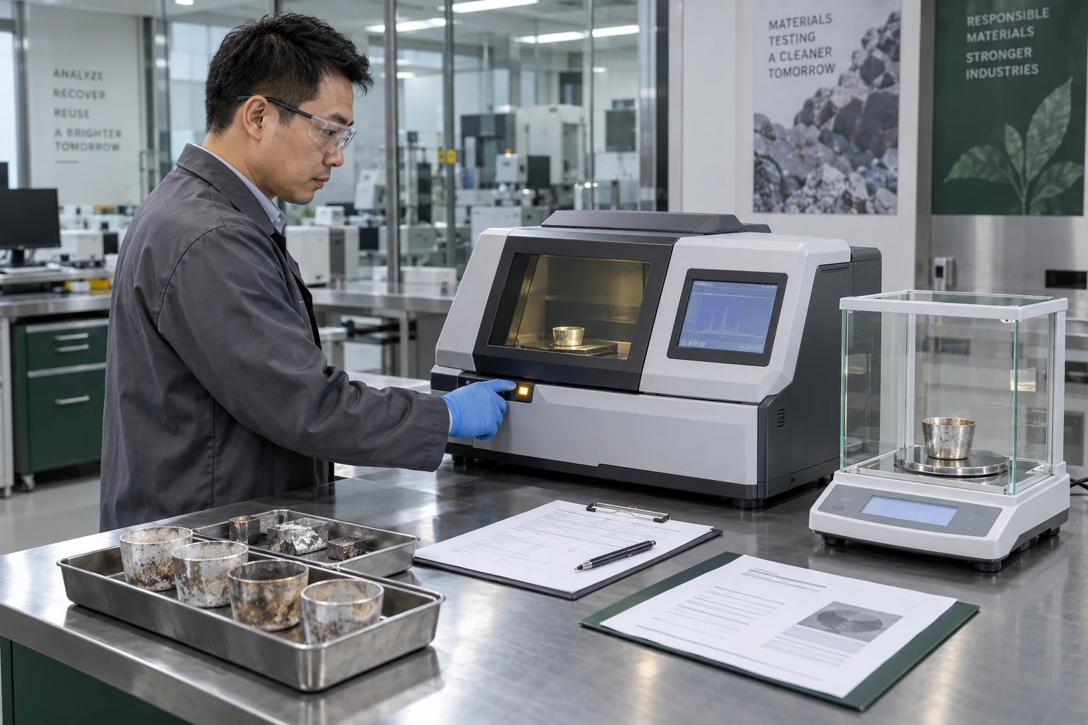A technician weighs a used platinum crucible and screens its alloy composition with XRF equipment.
