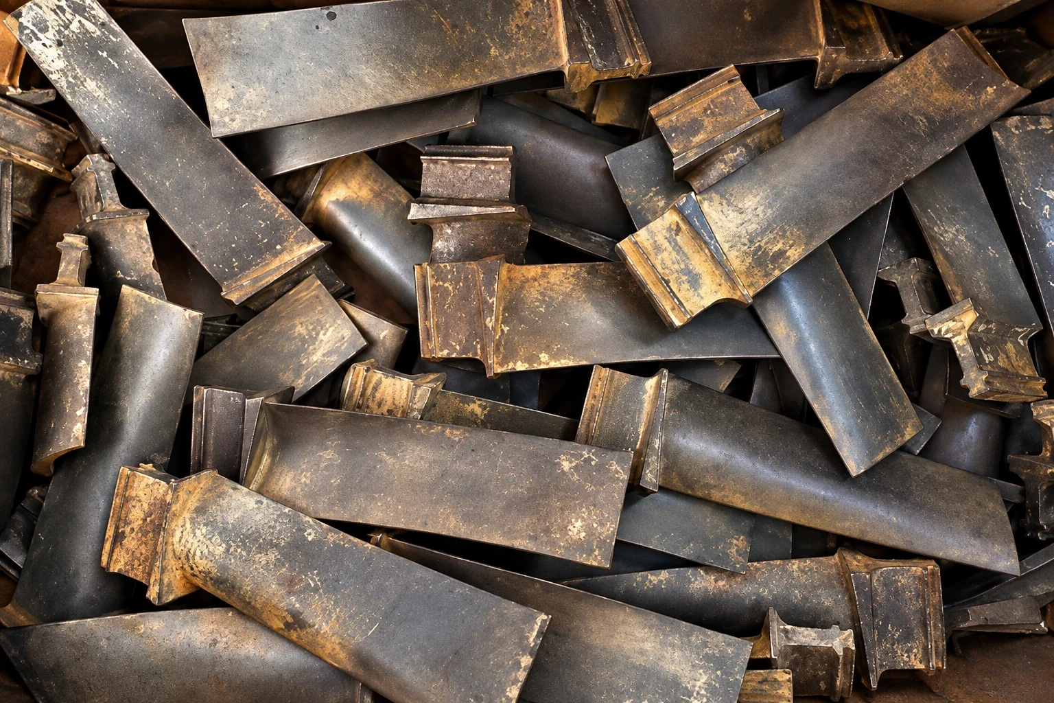 Pile of spent turbine blades with worn metal surfaces collected for industrial scrap recycling and precious metal recovery.