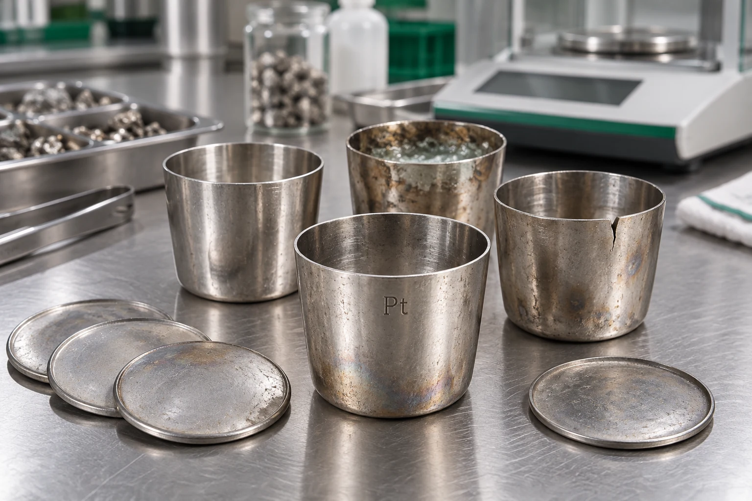 Used platinum crucibles with deformation, cracks and residue await recycling assessment on a laboratory workbench.